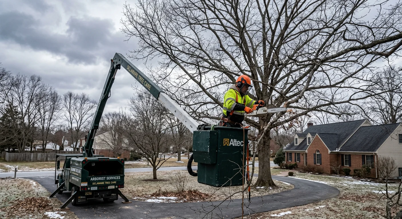 Tree professional pruning a dormant oak tree in late winter in New Castle County Delaware