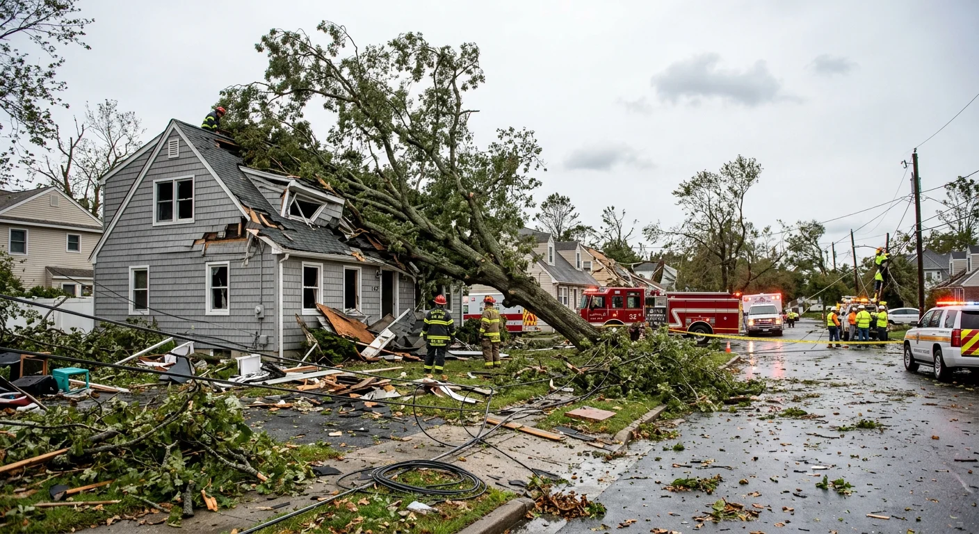 Storm-damaged tree leaning against a house in New Castle County Delaware after a nor'easter