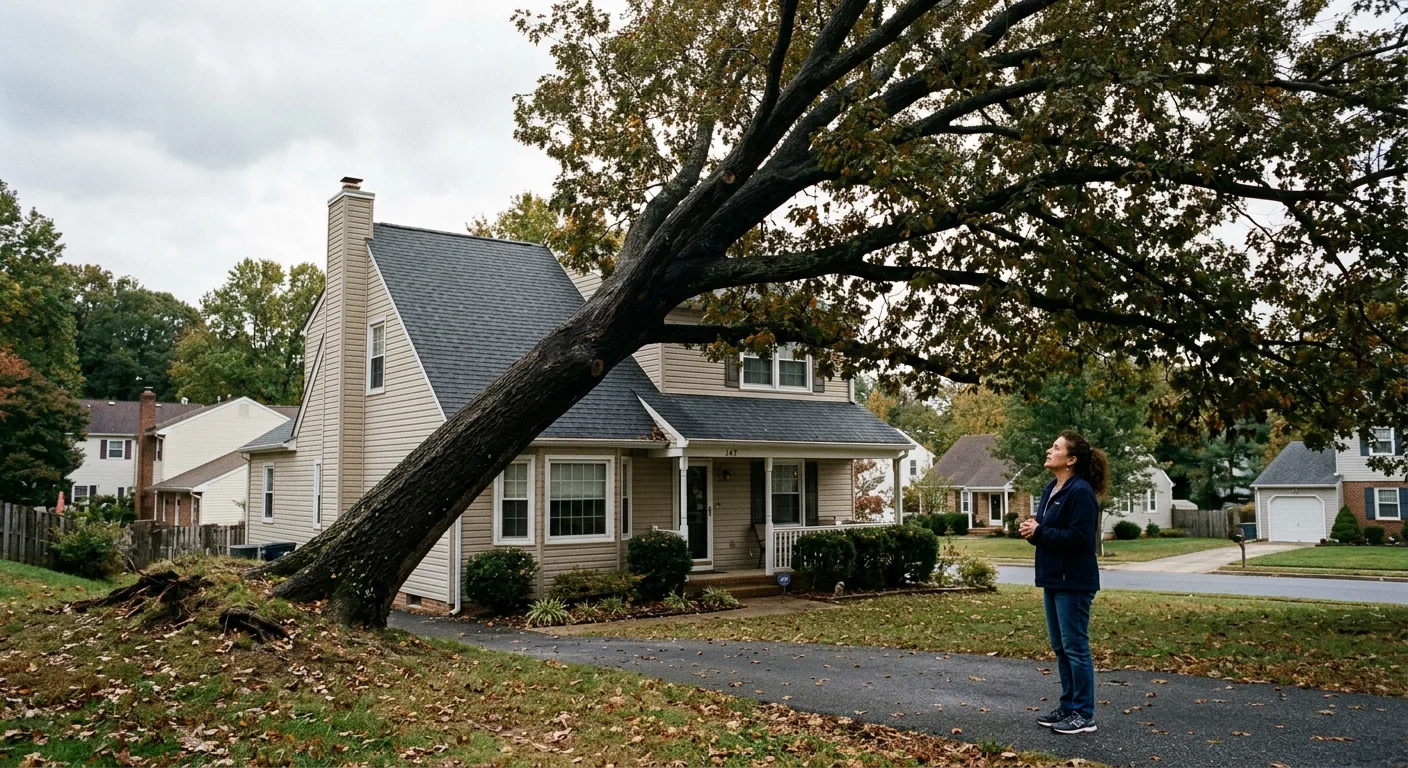 Large leaning oak tree near a residential structure in Wilmington Delaware