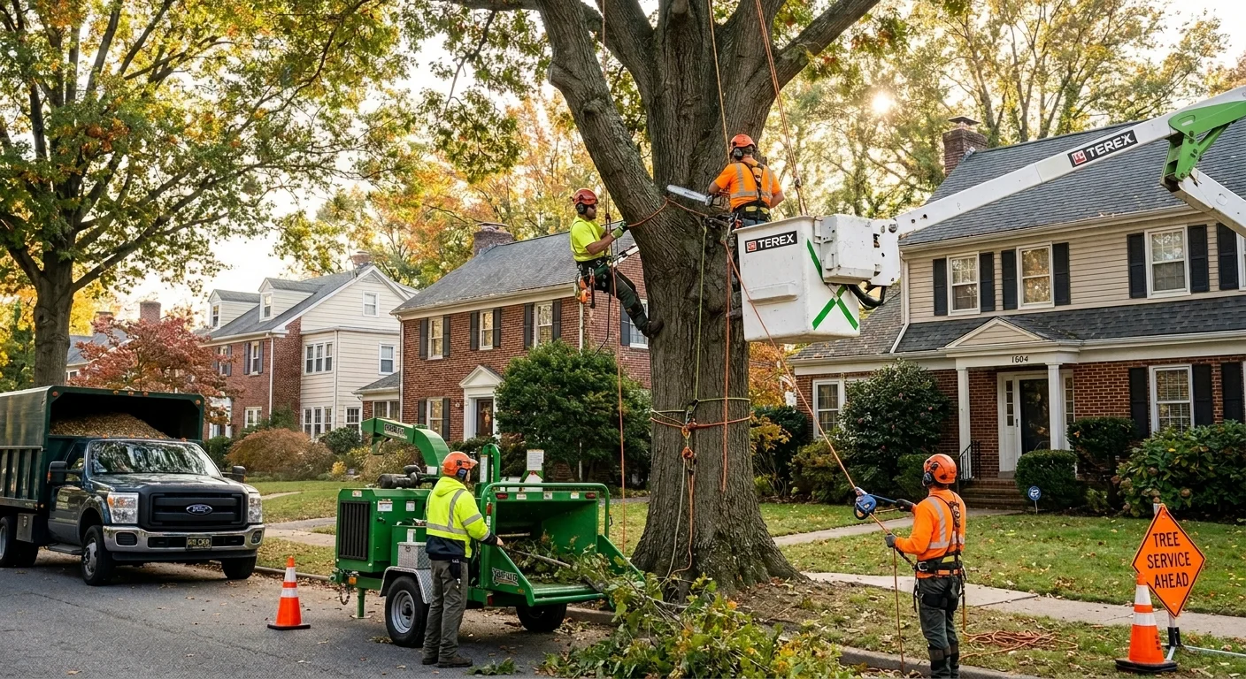 East Coast Tree Service crew in a bucket truck removing a large tree in Wilmington Delaware