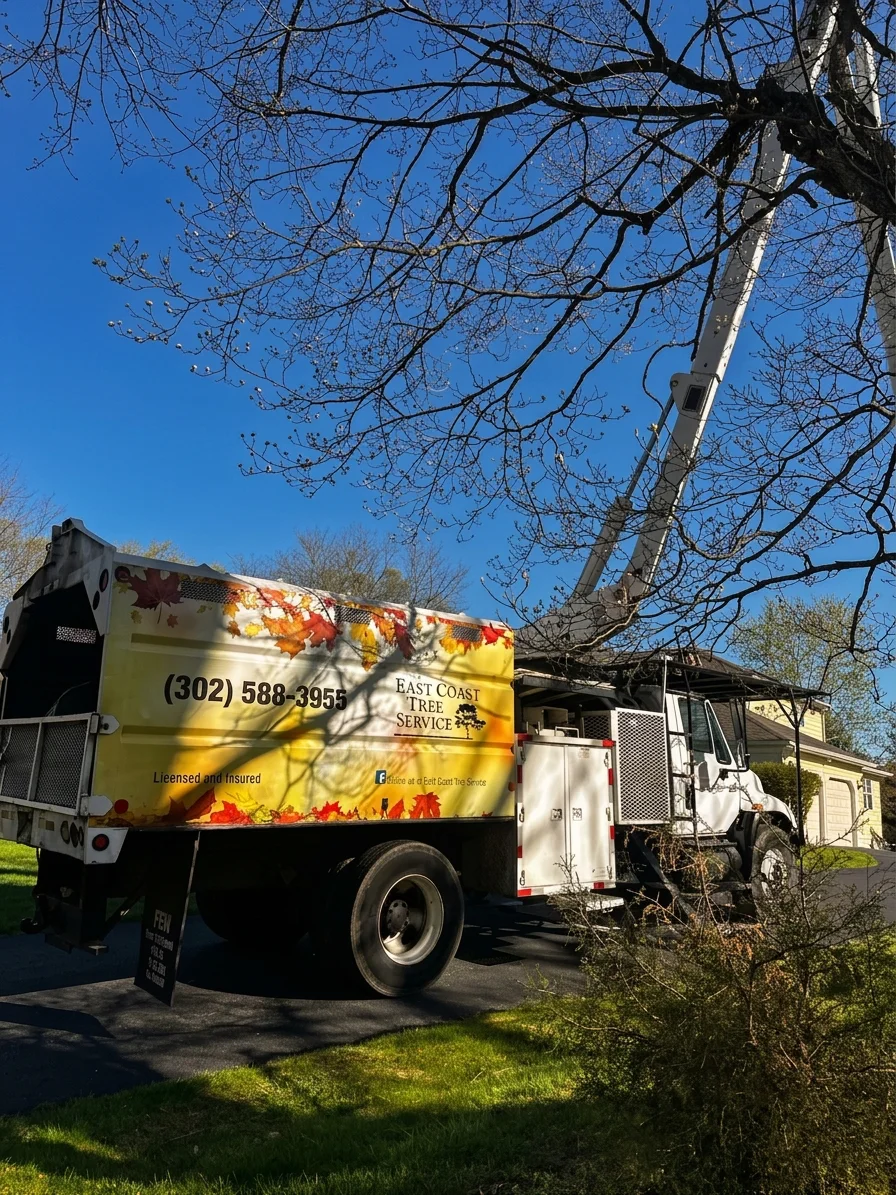 East Coast Tree Service bucket truck working on a tree in a Delaware neighborhood